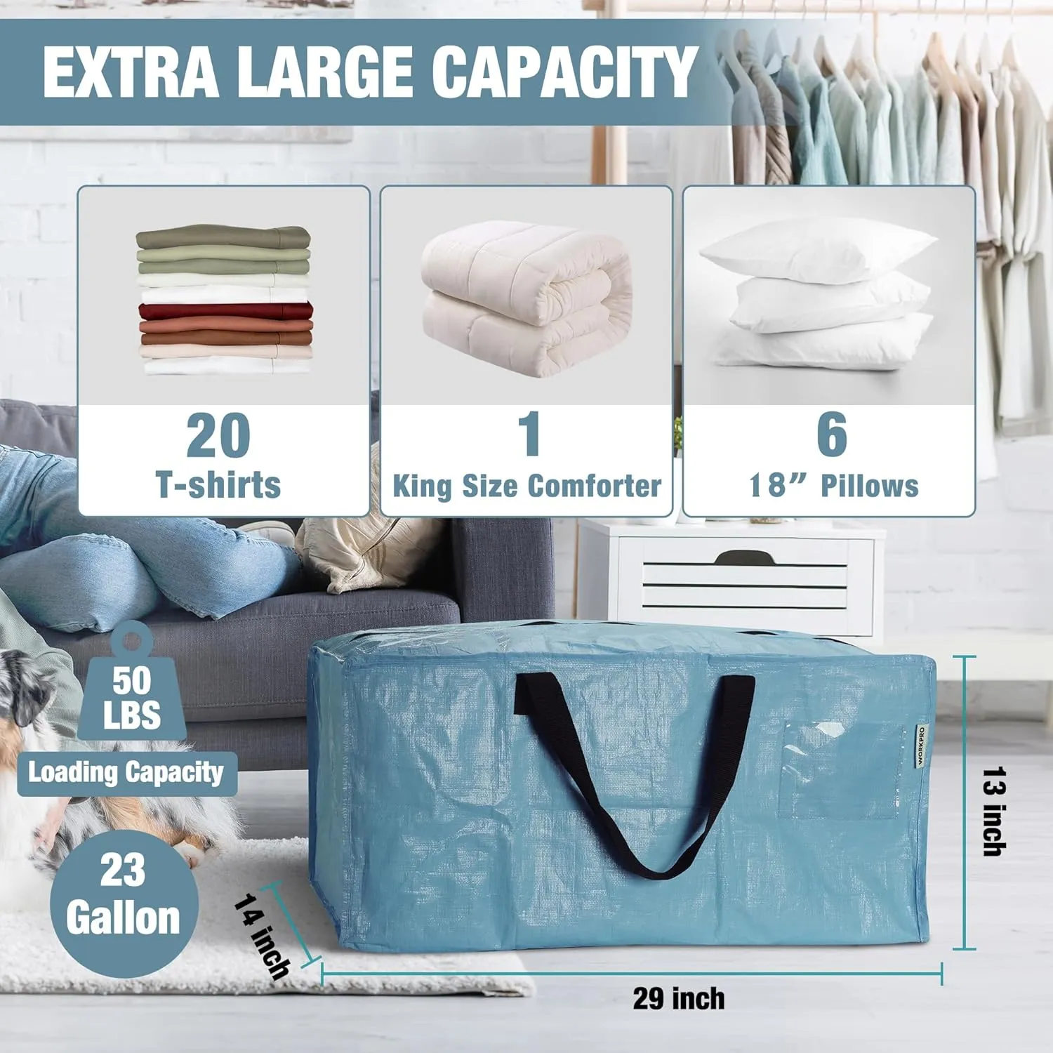 WORKPRO 6 Pack Extra Large Moving Bags with Zippers & Carrying Handles Backpack Straps, Heavy-Duty Storage Tote for Space Saving & Storage, Alternative to Moving Box (Dusty Blue)