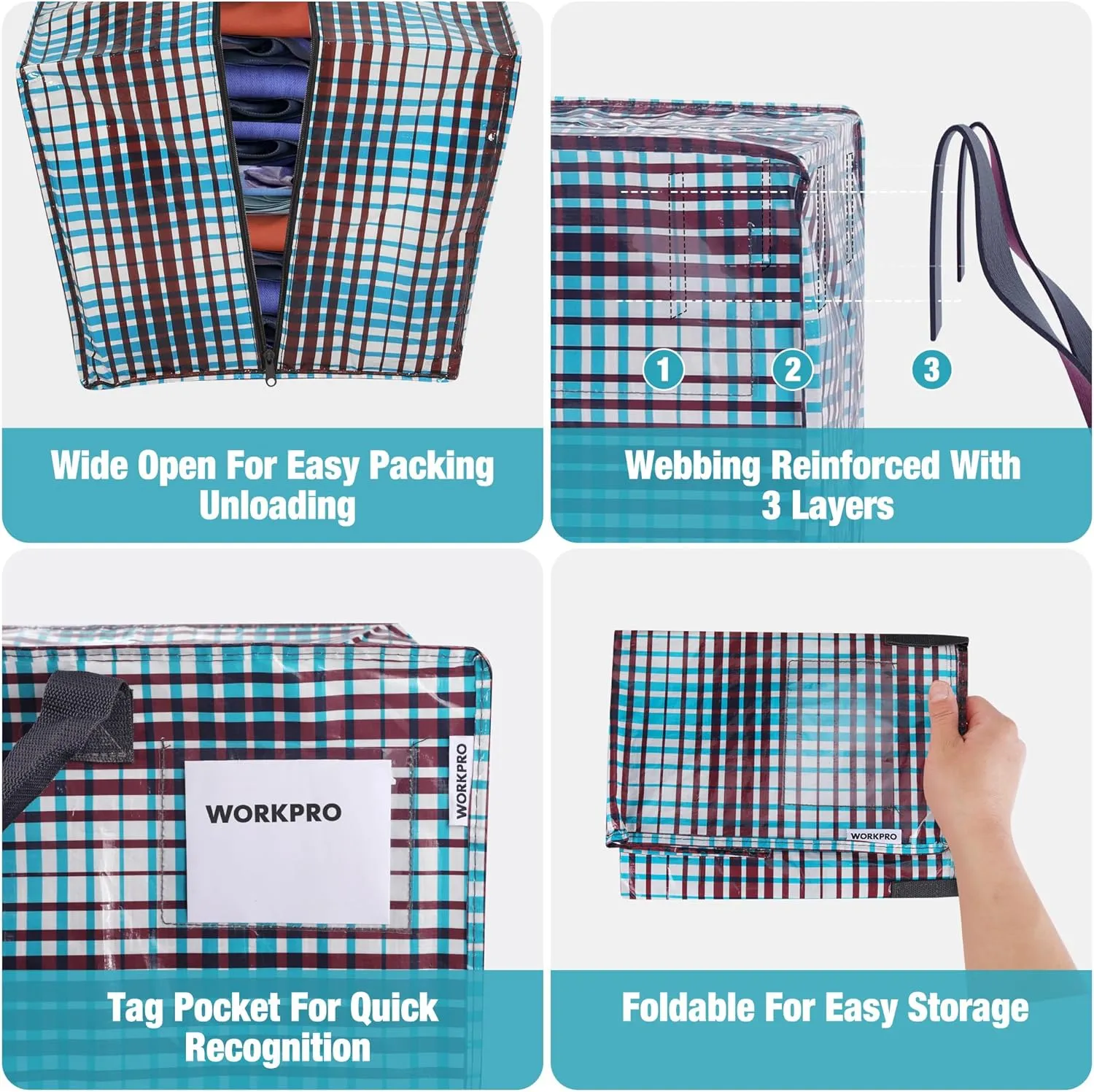 WORKPRO 6 Pack Extra Large Moving Bags with Zippers & Carrying Handles Backpack Straps, Heavy-Duty Storage Tote for Space Saving & Storage, Alternative to Moving Box (Lattice Printing)