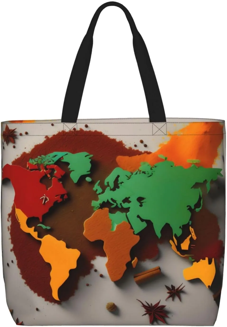 World Map Made Of Spices Print Women Reuseable Handbag, Grocery Bag Foldable For Shopping Travel Activity