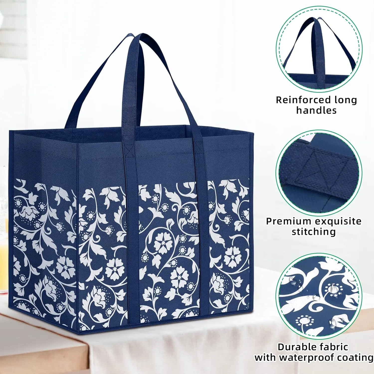 WOWBOX Reusable Grocery Bags Foldable Tote Bags Bulk with Reinforced Handles Shopping Bags for Groceries Heavy Duty Kitchen Reusable Grocery Bags with Waterproof Coating 4-Pack, Blue