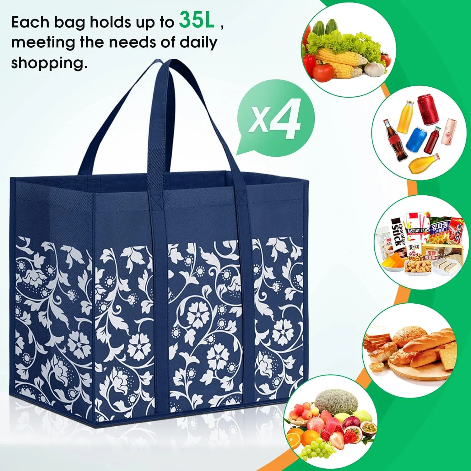 WOWBOX Reusable Grocery Bags Foldable Tote Bags Bulk with Reinforced Handles Shopping Bags for Groceries Heavy Duty Kitchen Reusable Grocery Bags with Waterproof Coating 4-Pack, Blue