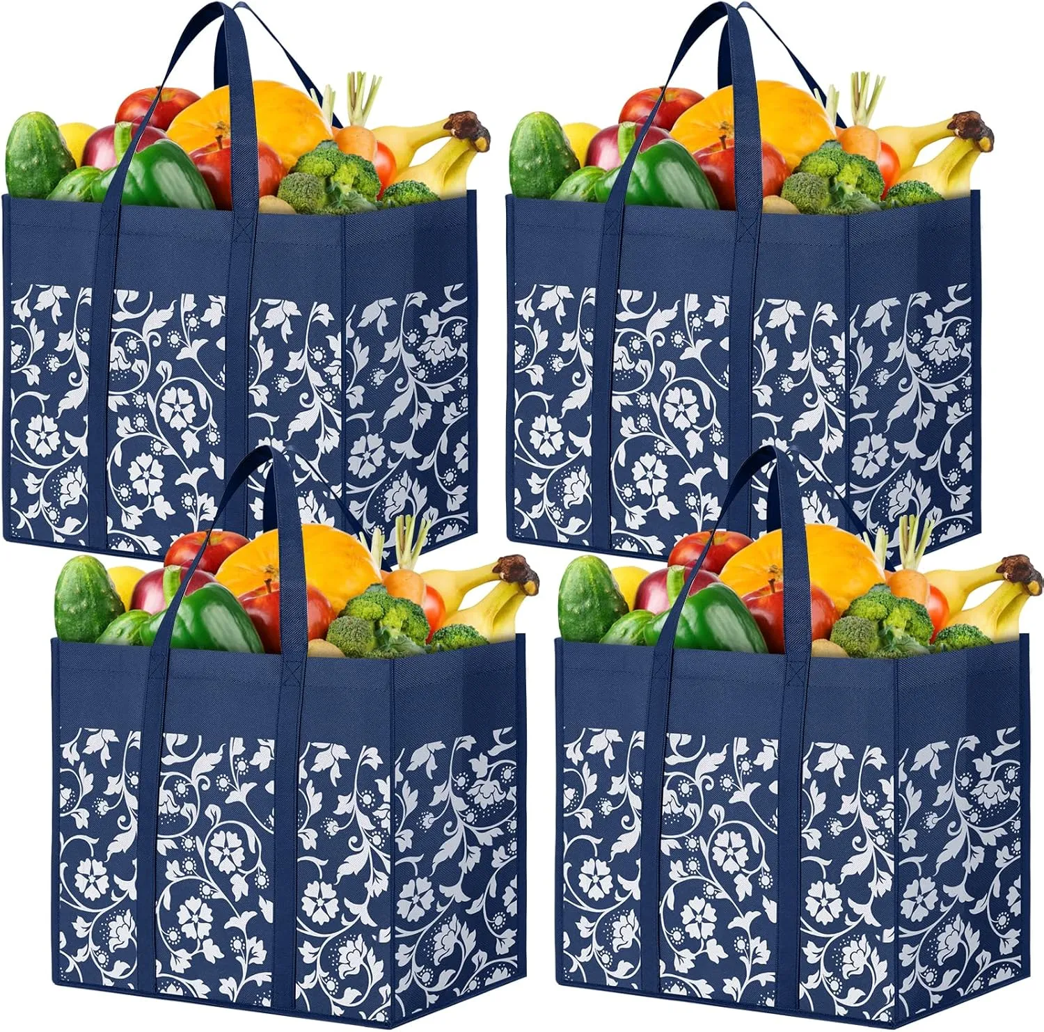 WOWBOX Reusable Grocery Bags Foldable Tote Bags Bulk with Reinforced Handles Shopping Bags for Groceries Heavy Duty Kitchen Reusable Grocery Bags with Waterproof Coating 4-Pack, Blue