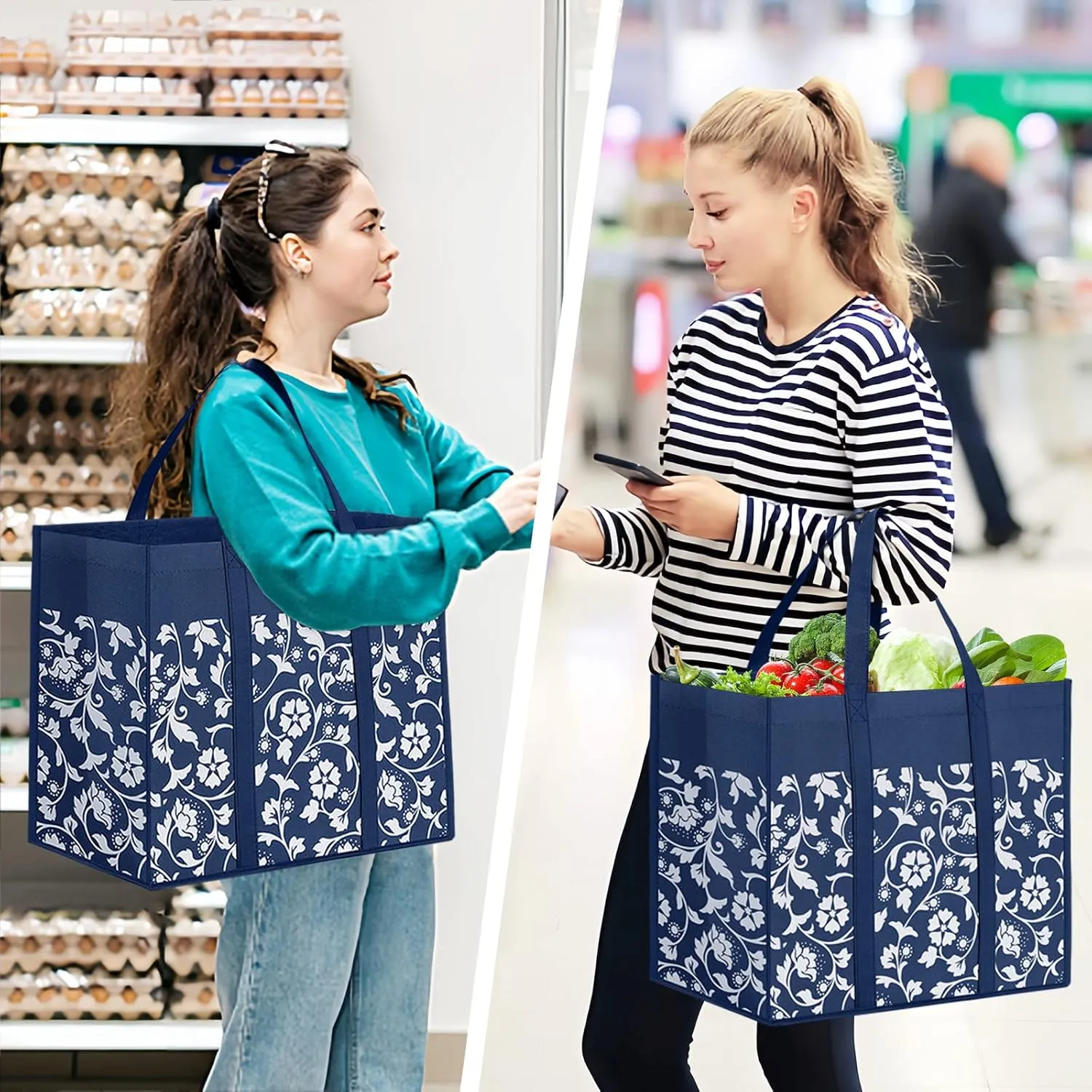 WOWBOX Reusable Grocery Bags Foldable Tote Bags Bulk with Reinforced Handles Shopping Bags for Groceries Heavy Duty Kitchen Reusable Grocery Bags with Waterproof Coating 4-Pack, Blue