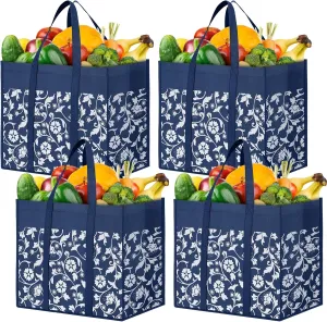 WOWBOX Reusable Grocery Bags Foldable Tote Bags Bulk with Reinforced Handles Shopping Bags for Groceries Heavy Duty Kitchen Reusable Grocery Bags with Waterproof Coating 4-Pack, Blue
