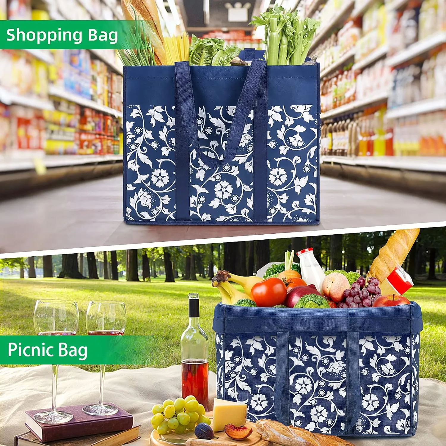 WOWBOX Reusable Grocery Bags Foldable Tote Bags Bulk with Reinforced Handles Shopping Bags for Groceries Heavy Duty Kitchen Reusable Grocery Bags with Waterproof Coating 4-Pack, Blue