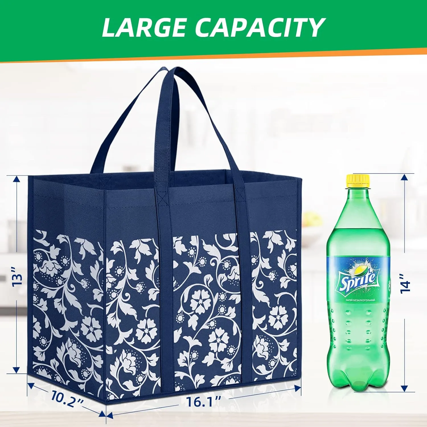 WOWBOX Reusable Grocery Bags Foldable Tote Bags Bulk with Reinforced Handles Shopping Bags for Groceries Heavy Duty Kitchen Reusable Grocery Bags with Waterproof Coating 4-Pack, Blue