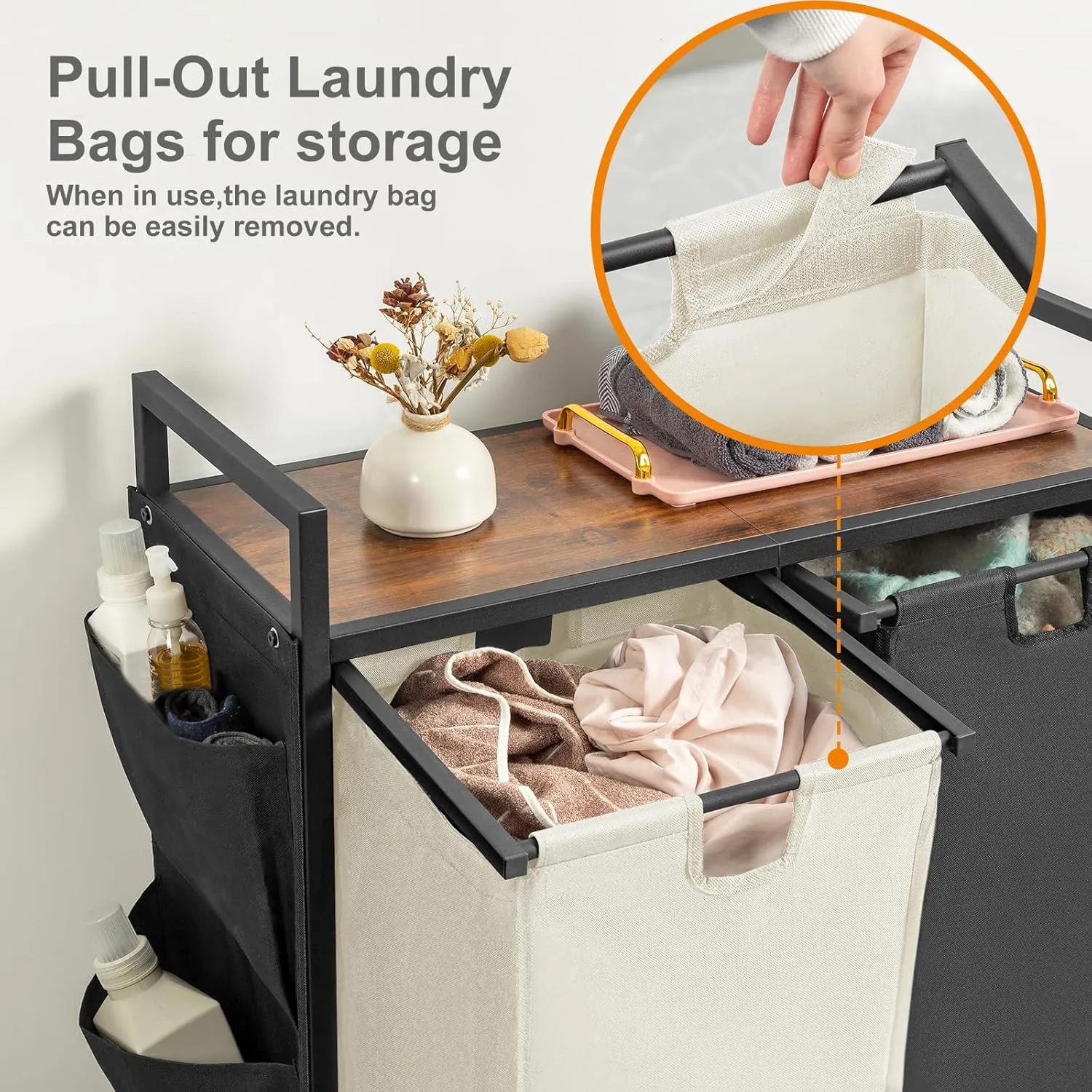 WOWLIVE Double Laundry Hamper with Lid,Rolling Laundry Basket Organizer with Wheels, Iron-Made Laundry Sorter with Top Shelf and 2 Removable Bags,Large Clothes Storage for Room,Black and Beige