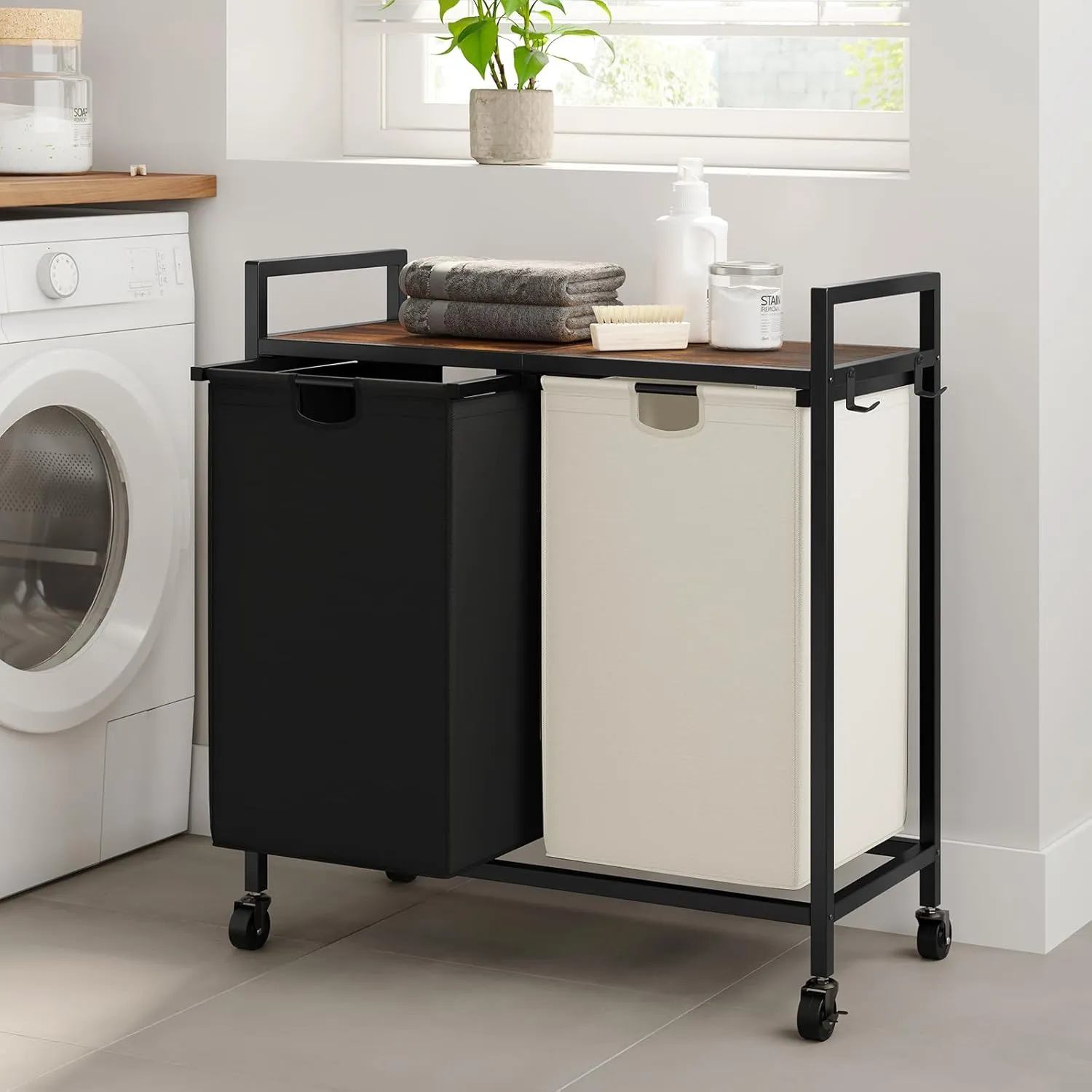 WOWLIVE Double Laundry Hamper with Lid,Rolling Laundry Basket Organizer with Wheels, Iron-Made Laundry Sorter with Top Shelf and 2 Removable Bags,Large Clothes Storage for Room,Black and Beige