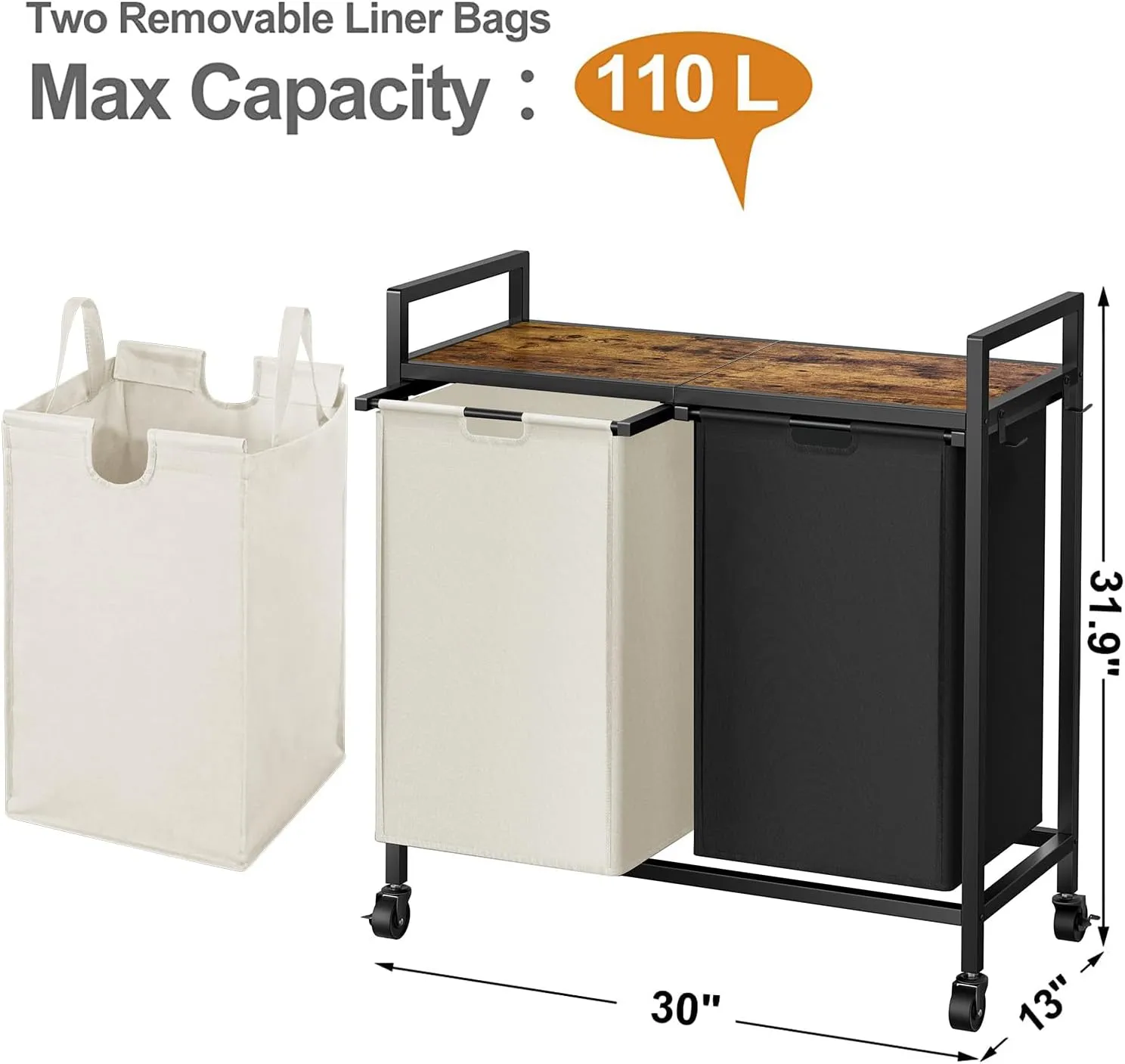 WOWLIVE Double Laundry Hamper with Lid,Rolling Laundry Basket Organizer with Wheels, Iron-Made Laundry Sorter with Top Shelf and 2 Removable Bags,Large Clothes Storage for Room,Black and Beige