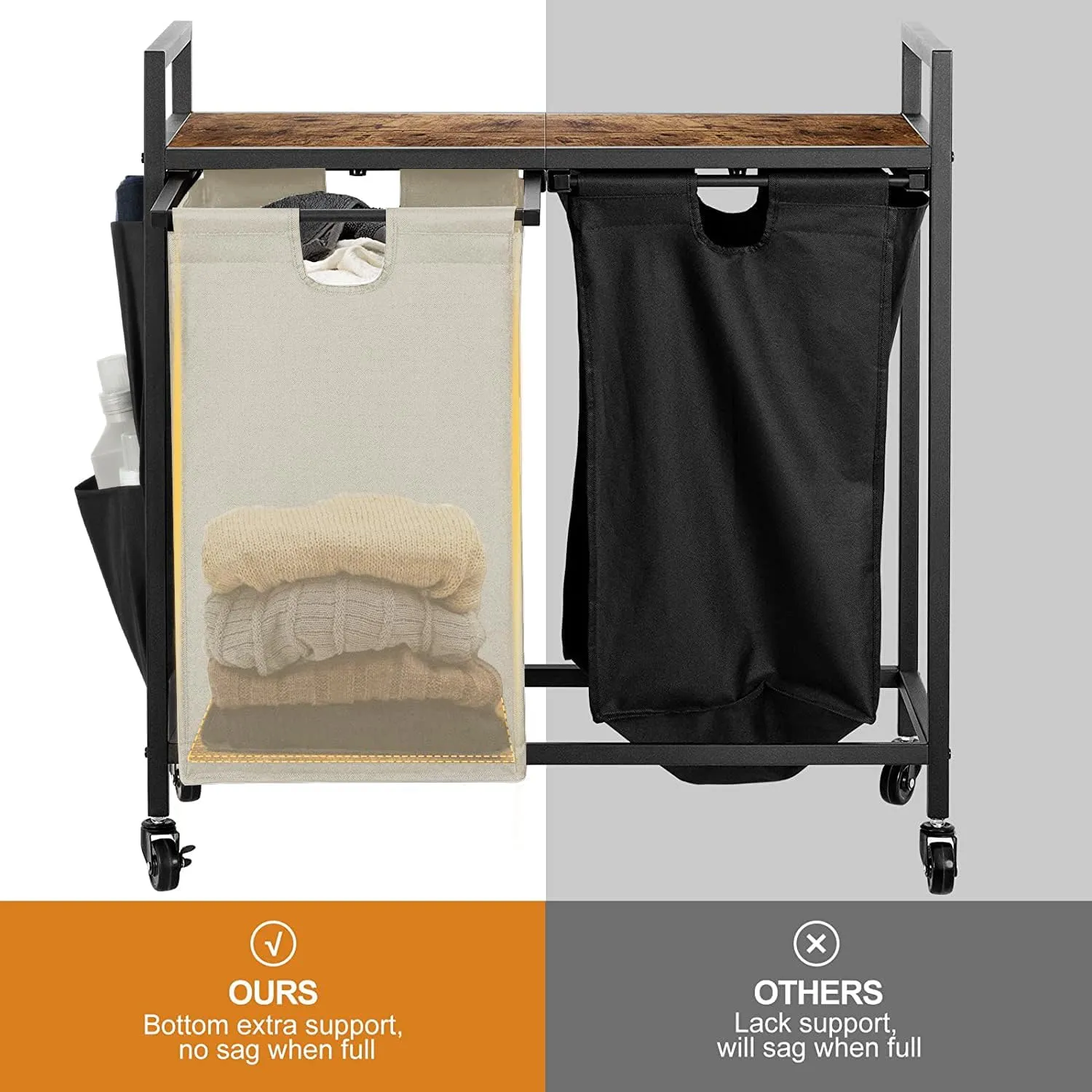 WOWLIVE Double Laundry Hamper with Lid,Rolling Laundry Basket Organizer with Wheels, Iron-Made Laundry Sorter with Top Shelf and 2 Removable Bags,Large Clothes Storage for Room,Black and Beige