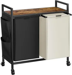 WOWLIVE Double Laundry Hamper with Lid,Rolling Laundry Basket Organizer with Wheels, Iron-Made Laundry Sorter with Top Shelf and 2 Removable Bags,Large Clothes Storage for Room,Black and Beige