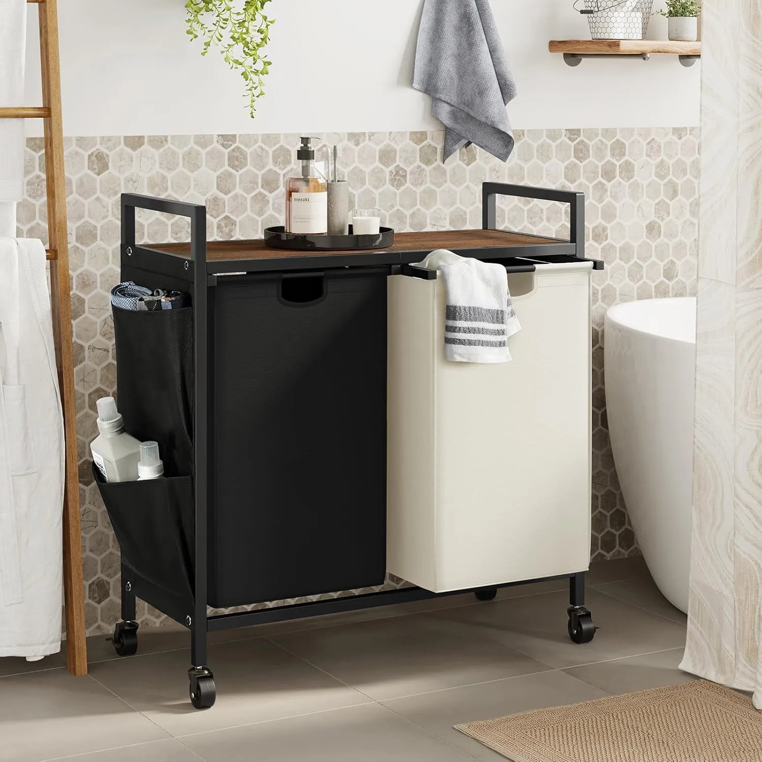 WOWLIVE Double Laundry Hamper with Lid,Rolling Laundry Basket Organizer with Wheels, Iron-Made Laundry Sorter with Top Shelf and 2 Removable Bags,Large Clothes Storage for Room,Black and Beige