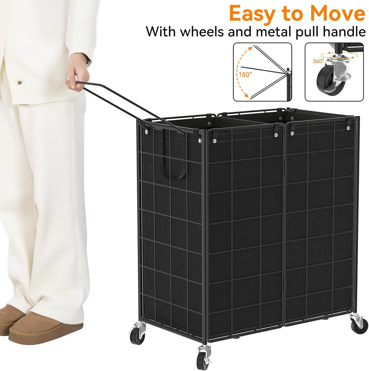 WOWLIVE Double Laundry Hamper with Wheels,Metal Wire Frame Rolling Laundry Basket with 2 Removable bags,120L Dirty Clothes Hamper Organizer Dorm Room Storage for Bedroom,Bathroom,Black