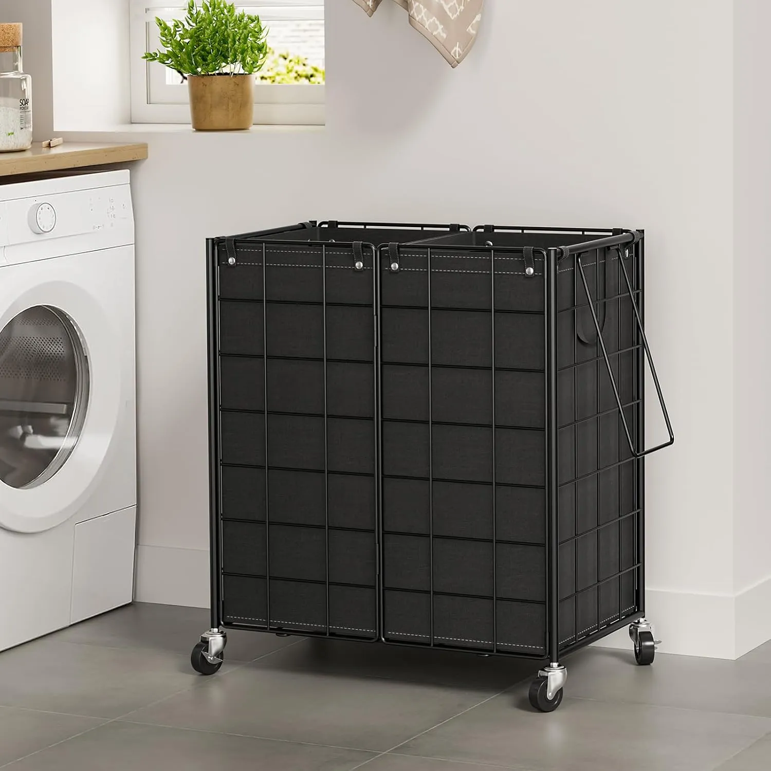 WOWLIVE Double Laundry Hamper with Wheels,Metal Wire Frame Rolling Laundry Basket with 2 Removable bags,120L Dirty Clothes Hamper Organizer Dorm Room Storage for Bedroom,Bathroom,Black
