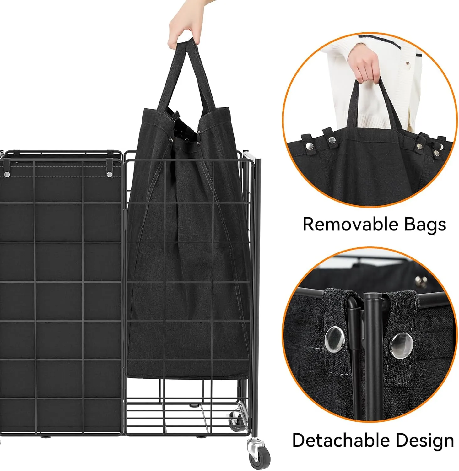 WOWLIVE Double Laundry Hamper with Wheels,Metal Wire Frame Rolling Laundry Basket with 2 Removable bags,120L Dirty Clothes Hamper Organizer Dorm Room Storage for Bedroom,Bathroom,Black