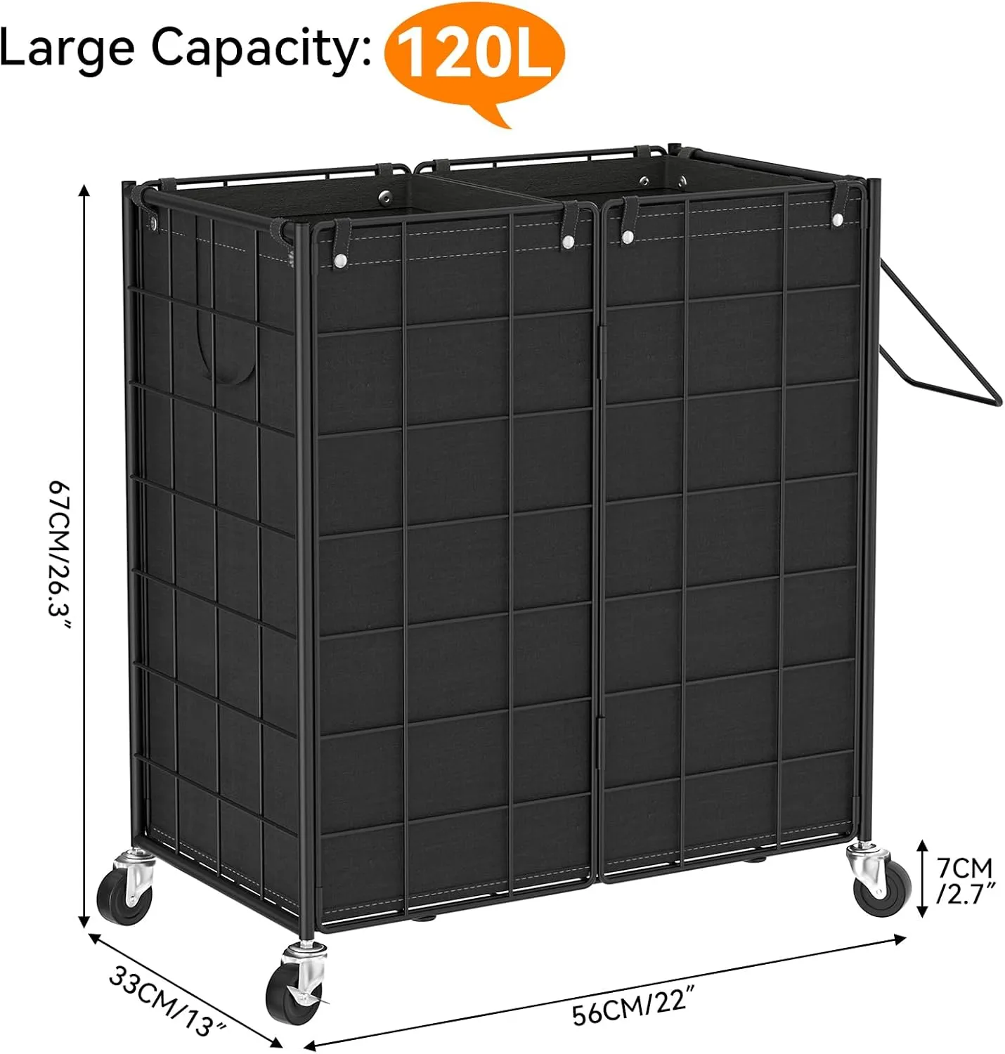 WOWLIVE Double Laundry Hamper with Wheels,Metal Wire Frame Rolling Laundry Basket with 2 Removable bags,120L Dirty Clothes Hamper Organizer Dorm Room Storage for Bedroom,Bathroom,Black