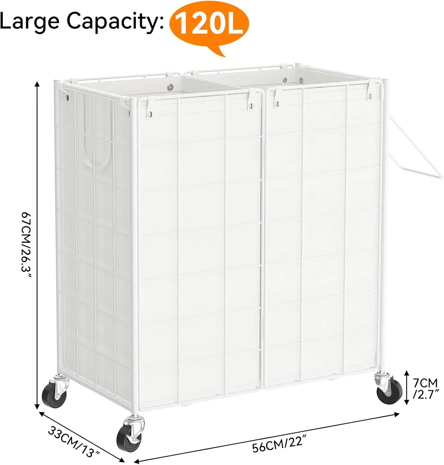 WOWLIVE Double Laundry Hamper with Wheels,Metal Wire Frame Rolling Laundry Basket with 2 Removable bags,120L Dirty Clothes Hamper Organizer Dorm Room Storage for Bedroom,Bathroom,White