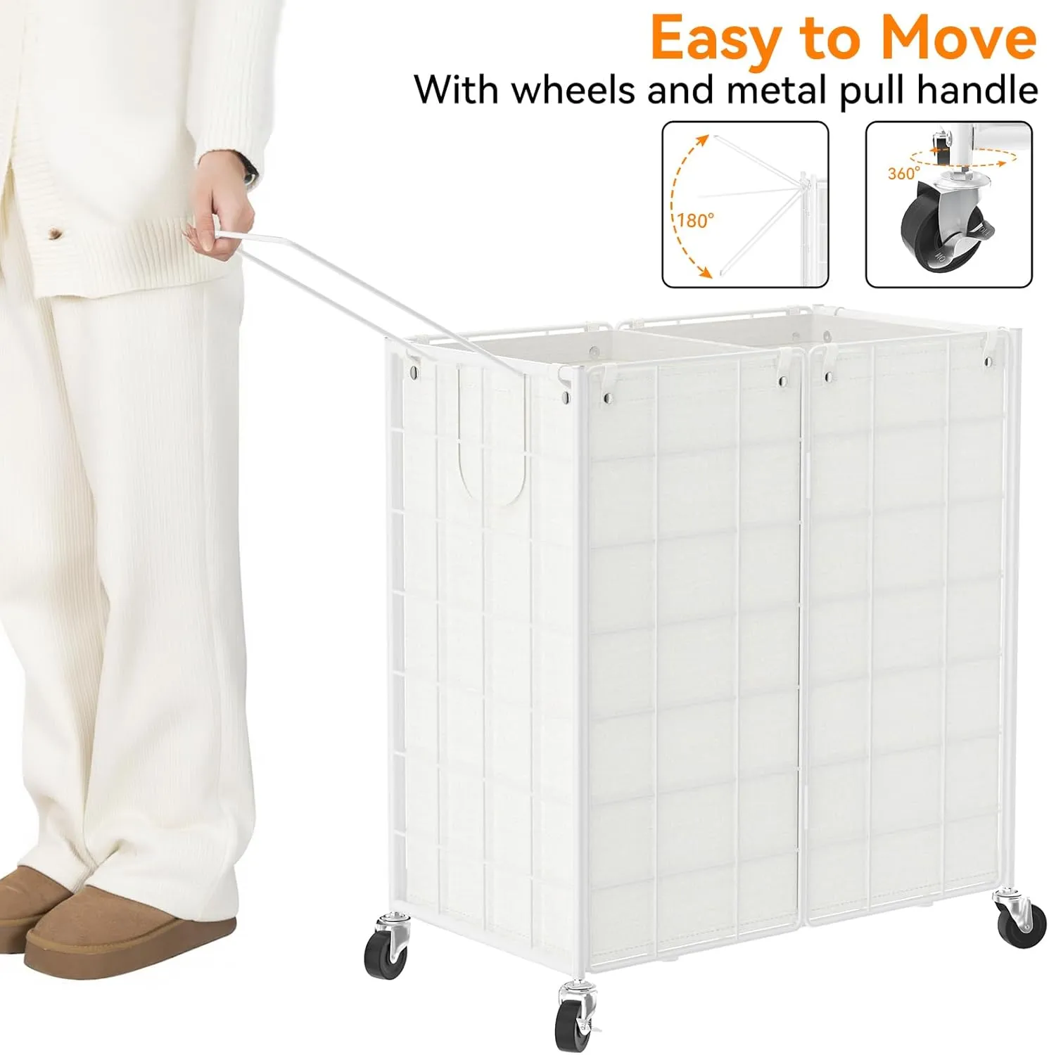 WOWLIVE Double Laundry Hamper with Wheels,Metal Wire Frame Rolling Laundry Basket with 2 Removable bags,120L Dirty Clothes Hamper Organizer Dorm Room Storage for Bedroom,Bathroom,White