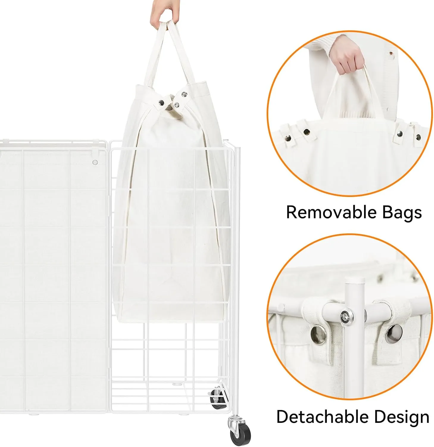WOWLIVE Double Laundry Hamper with Wheels,Metal Wire Frame Rolling Laundry Basket with 2 Removable bags,120L Dirty Clothes Hamper Organizer Dorm Room Storage for Bedroom,Bathroom,White