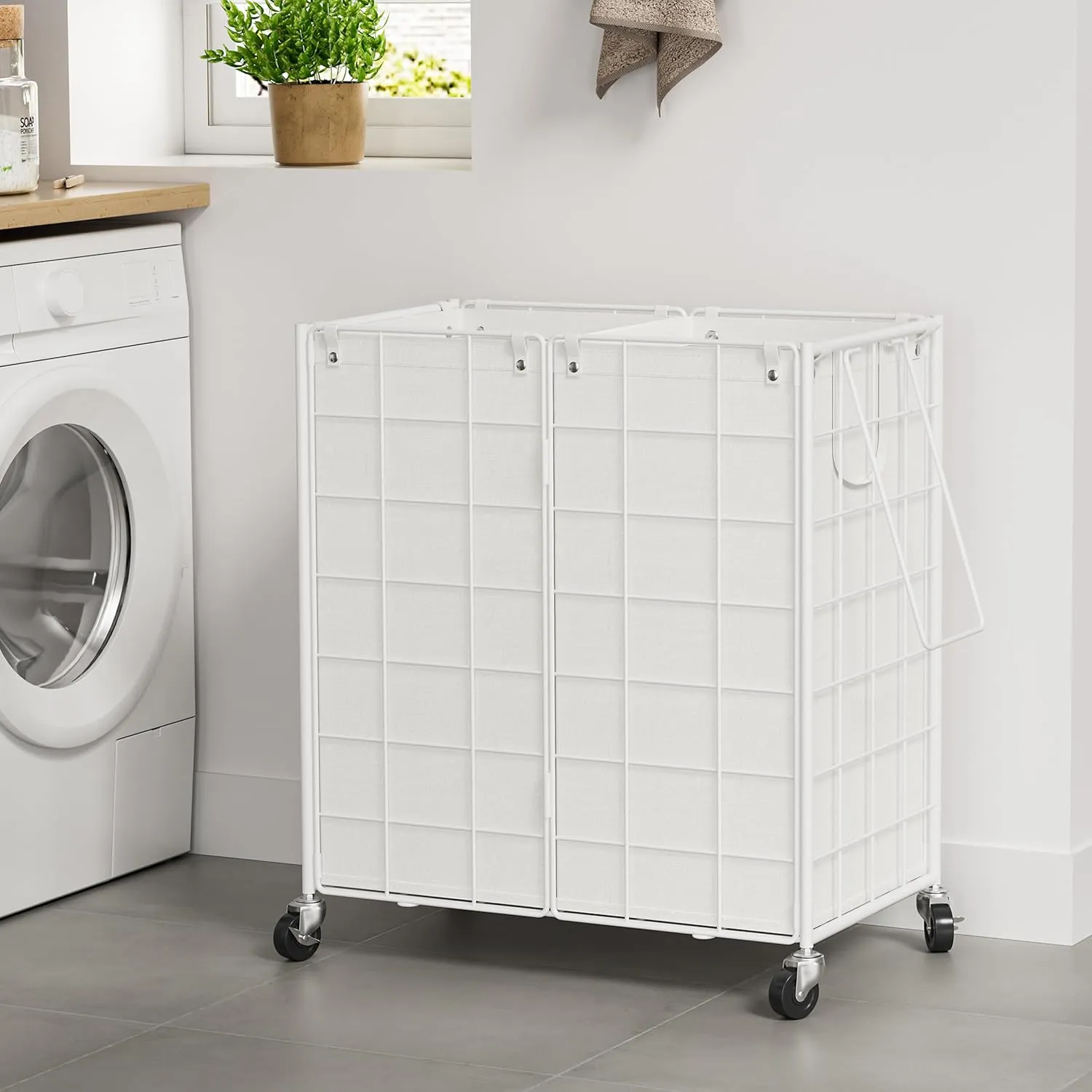 WOWLIVE Double Laundry Hamper with Wheels,Metal Wire Frame Rolling Laundry Basket with 2 Removable bags,120L Dirty Clothes Hamper Organizer Dorm Room Storage for Bedroom,Bathroom,White