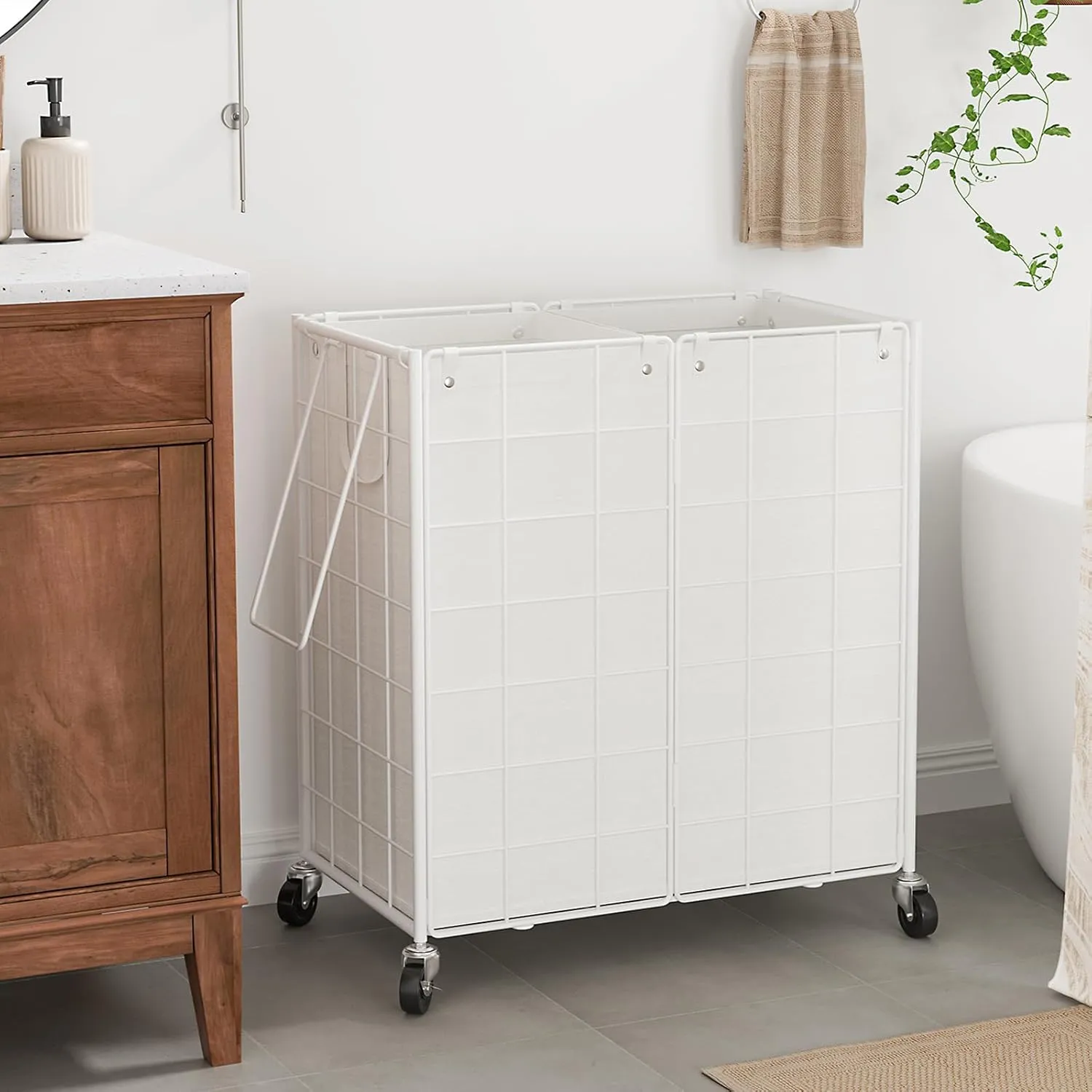 WOWLIVE Double Laundry Hamper with Wheels,Metal Wire Frame Rolling Laundry Basket with 2 Removable bags,120L Dirty Clothes Hamper Organizer Dorm Room Storage for Bedroom,Bathroom,White