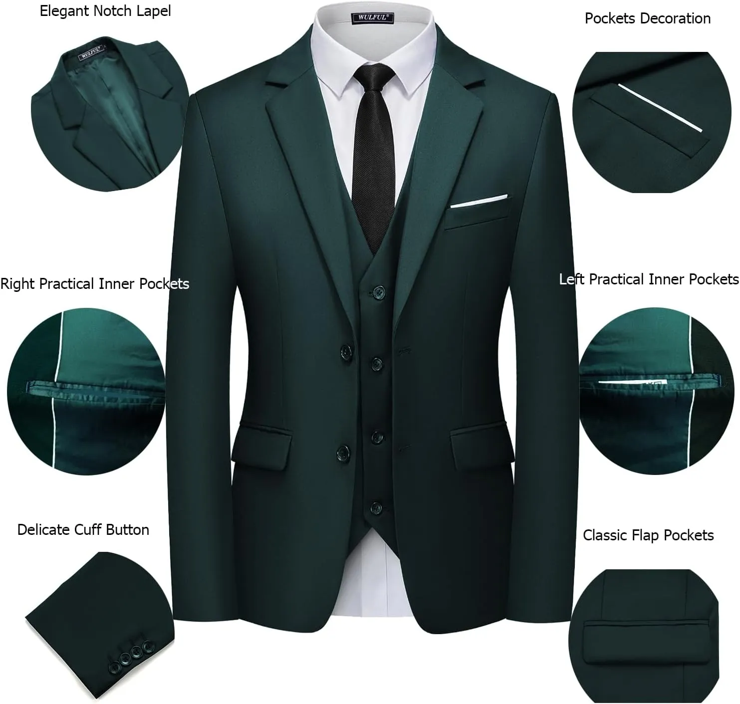 WULFUL Men's 3 Piece Slim Fit Suit Set Two Button Blazer Jacket Vest Pants Tuxedo Set for Party, Wedding and Business