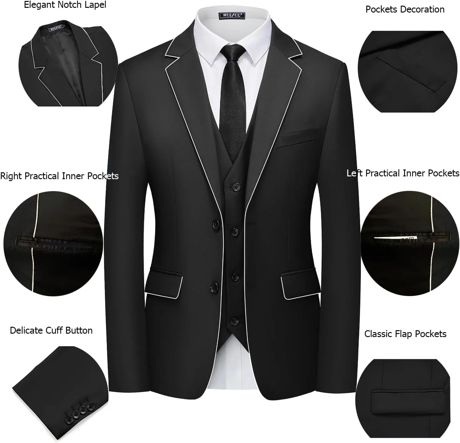 WULFUL Men's 3 Piece Slim Fit Suit Set Two Button Blazer Jacket Vest Pants Tuxedo Set for Party, Wedding and Business