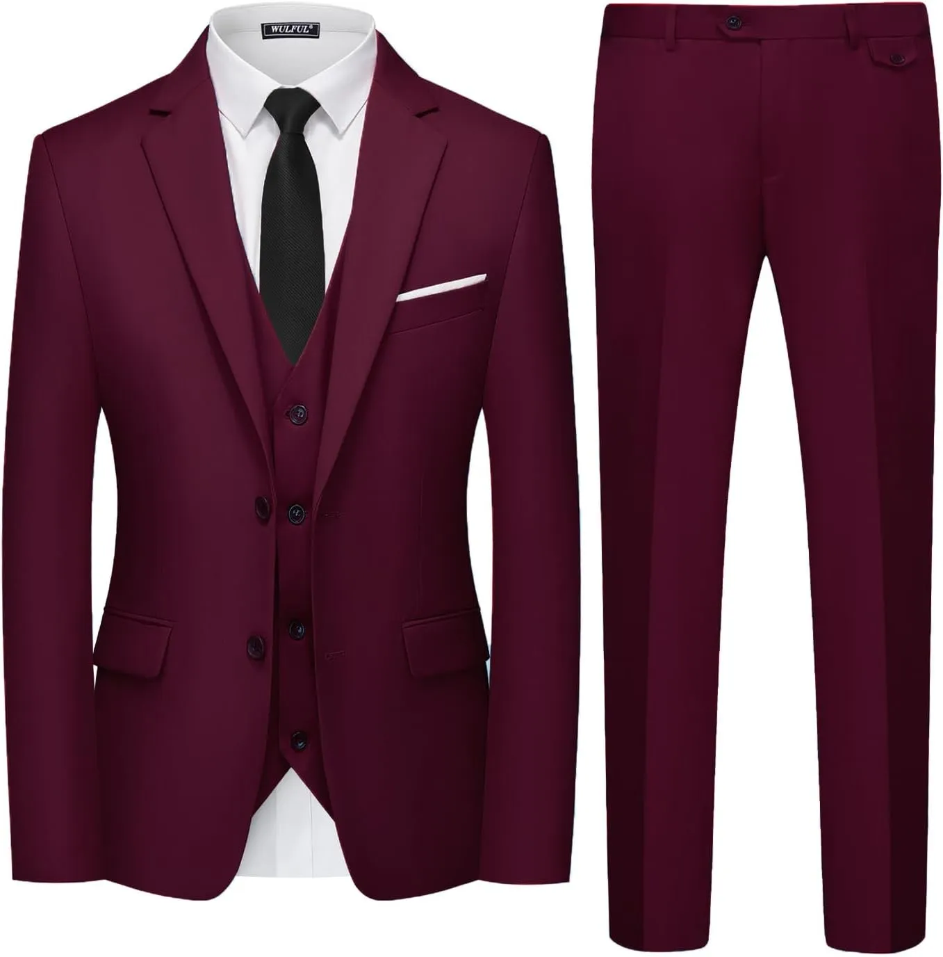 WULFUL Men's 3 Piece Slim Fit Suit Set Two Button Blazer Jacket Vest Pants Tuxedo Set for Party, Wedding and Business