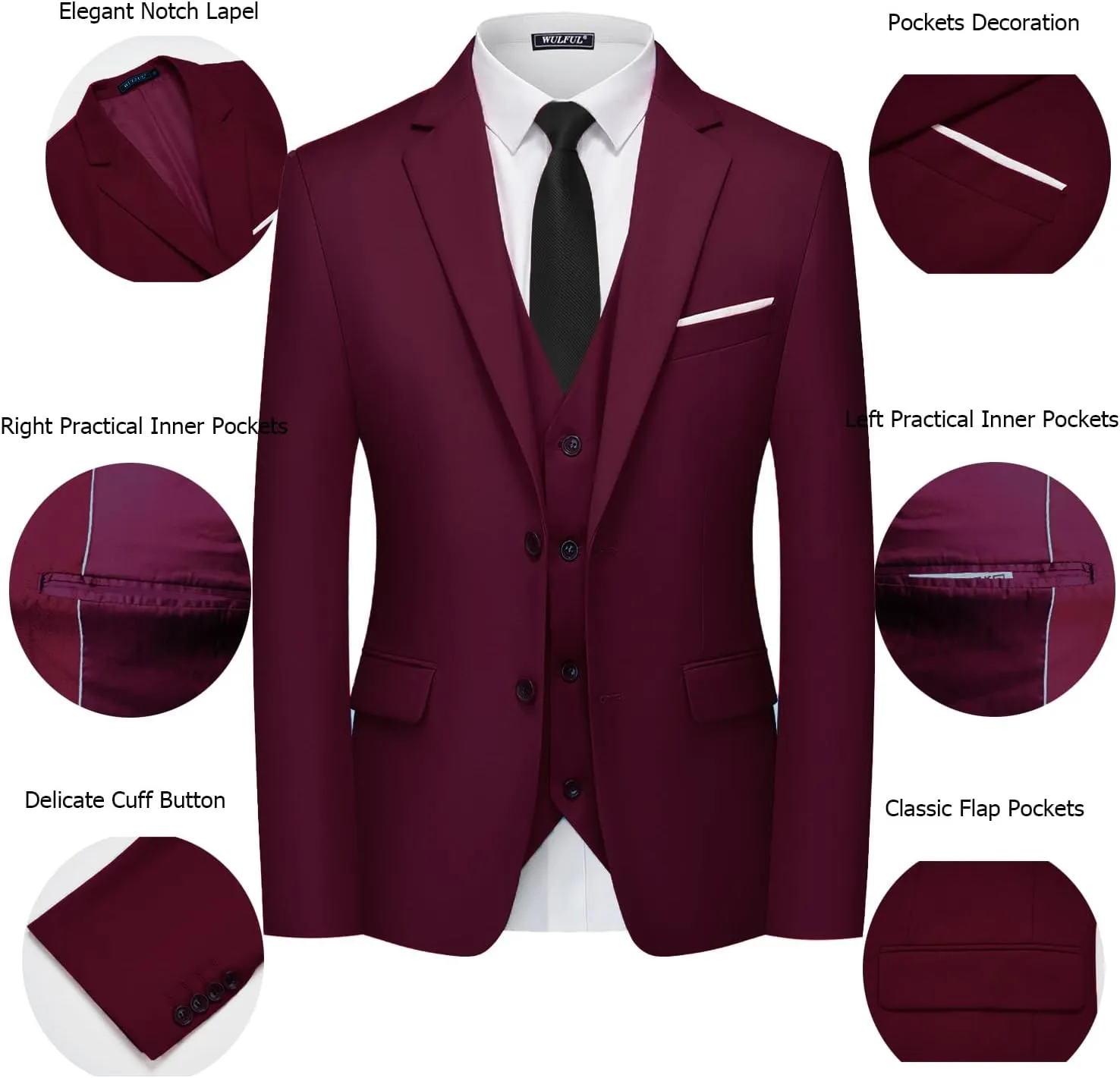 WULFUL Men's 3 Piece Slim Fit Suit Set Two Button Blazer Jacket Vest Pants Tuxedo Set for Party, Wedding and Business