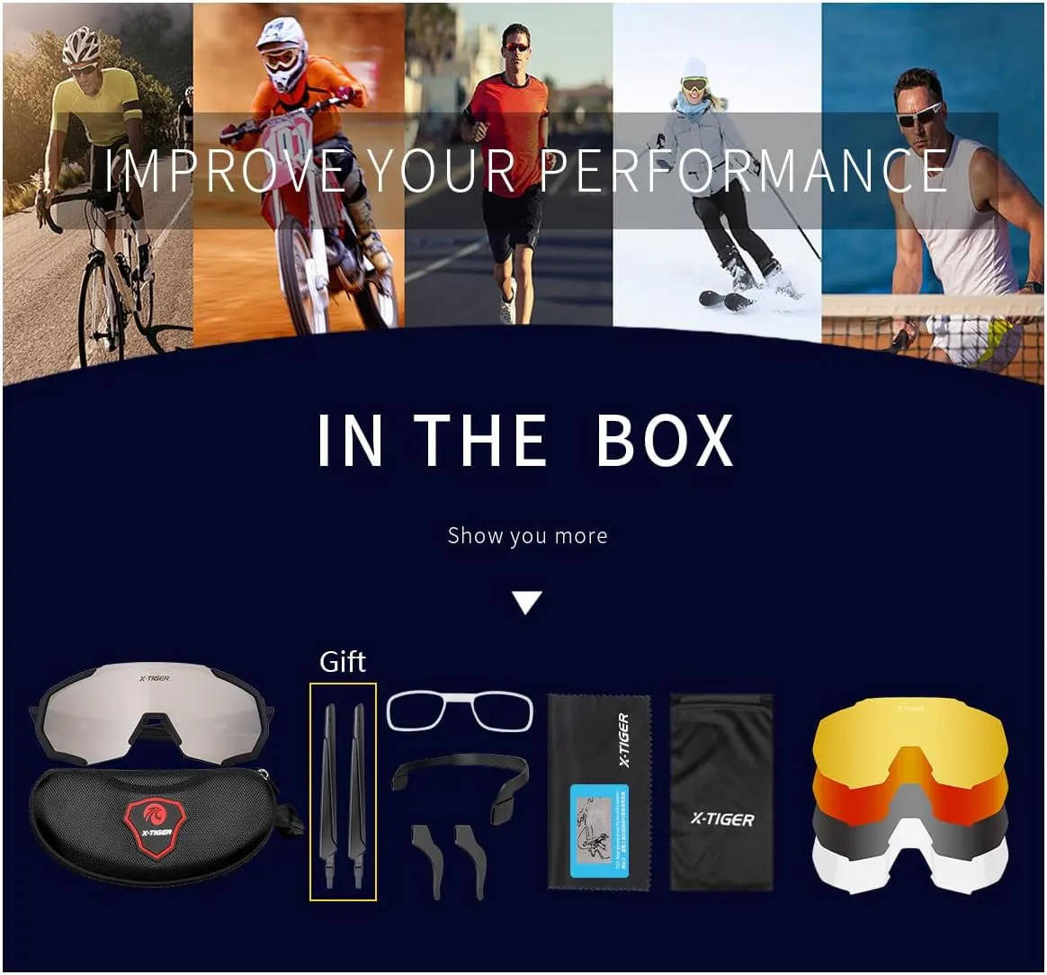 X-TIGER Polarized Sports Sunglasses with 5 Interchangeable Lenses,Mens Womens Cycling Bike Glasses,Baseball Running Fishing