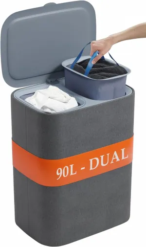 XABITAT Dual Section 90L Laundry Basket with Lid -Tall divided Double Laundry Hamper with 2 Removable Washable Bags, Large Laundry Sorter for Easy Clothes Separation