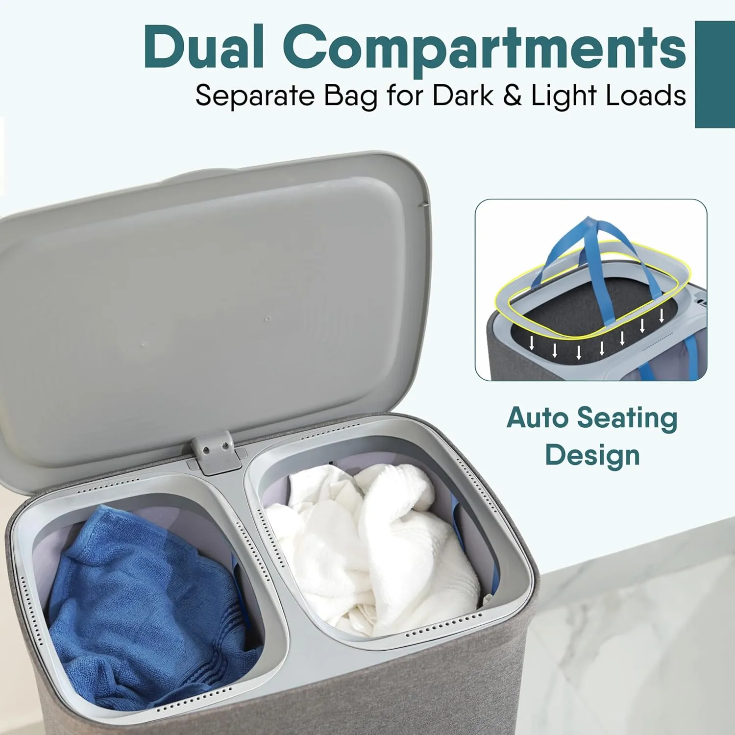 XABITAT Dual Section 90L Laundry Basket with Lid -Tall divided Double Laundry Hamper with 2 Removable Washable Bags, Large Laundry Sorter for Easy Clothes Separation
