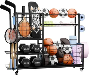 XL Garage Sports Equipment Organizer, Ball Storage Rack with Wheels, Garage Sports Organizer with Hooks and Baskets, Rolling Sports Ball Organizer Cart for Sports Gear and Toys