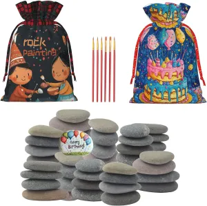 XSSUUNN Birthday Gift Bags Set with 2 Gift Bags and 40PCS Natural Flat Smooth River Rocks (2-3 inches) for Painting,Party Activities,Art Crafts,Classroom,Holidays,Kindness Stones,DIY Pebbles