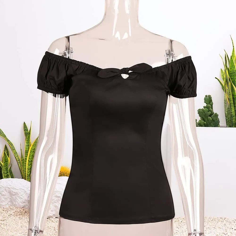 YARN & INK Women's Pinup Shirt 1950s Vintage Rockabilly Puff Sleeve BowBlouse Off Shoulder Tops