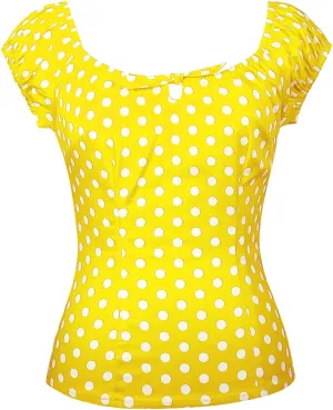 YARN & INK Women's Pinup Shirt 1950s Vintage Rockabilly Puff Sleeve BowBlouse Off Shoulder Tops