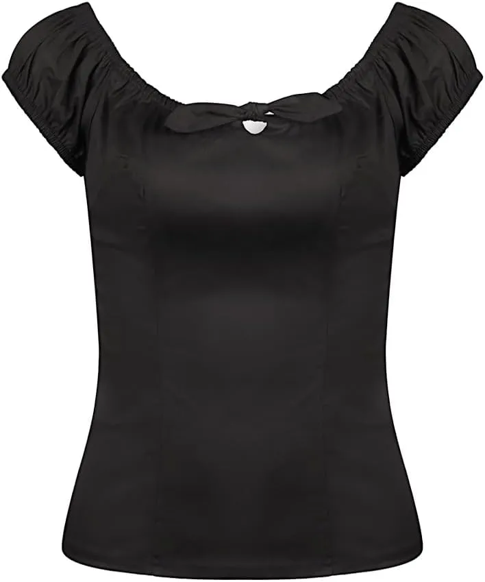 YARN & INK Women's Pinup Shirt 1950s Vintage Rockabilly Puff Sleeve BowBlouse Off Shoulder Tops