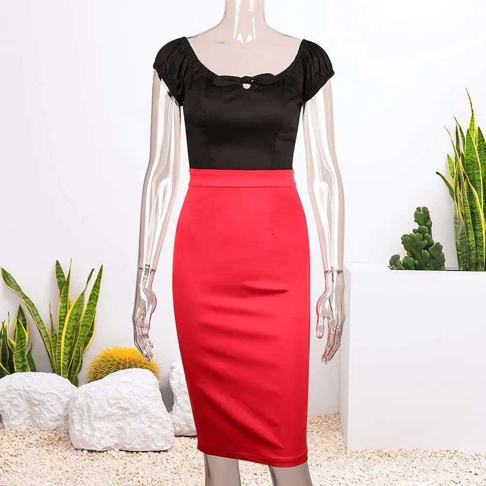 YARN & INK Women's Pinup Shirt 1950s Vintage Rockabilly Puff Sleeve BowBlouse Off Shoulder Tops