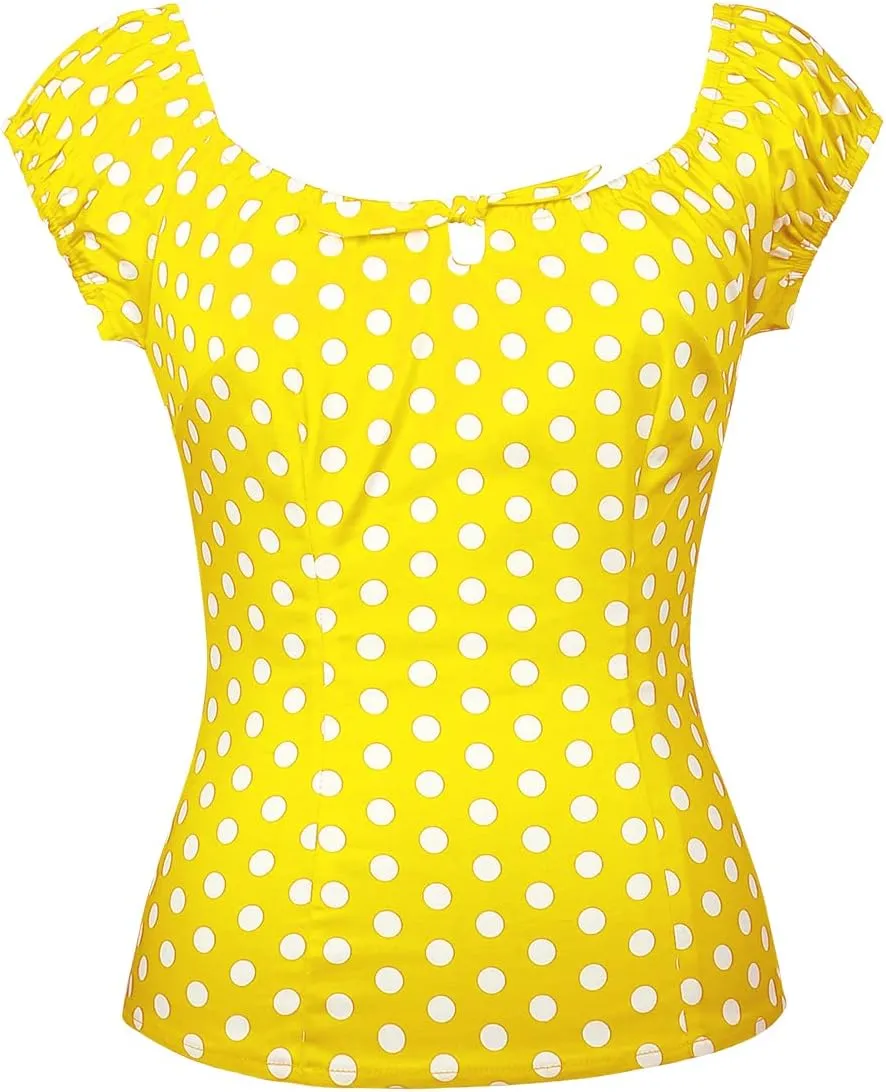 YARN & INK Women's Pinup Shirt 1950s Vintage Rockabilly Puff Sleeve BowBlouse Off Shoulder Tops