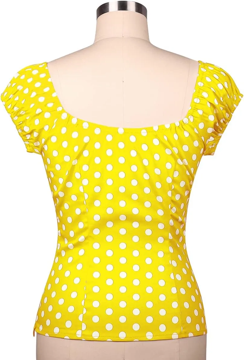 YARN & INK Women's Pinup Shirt 1950s Vintage Rockabilly Puff Sleeve BowBlouse Off Shoulder Tops