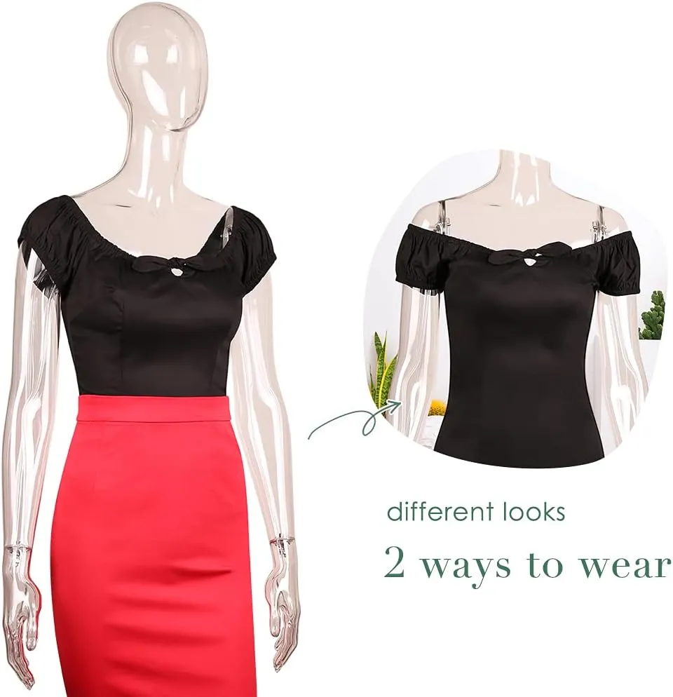 YARN & INK Women's Pinup Shirt 1950s Vintage Rockabilly Puff Sleeve BowBlouse Off Shoulder Tops