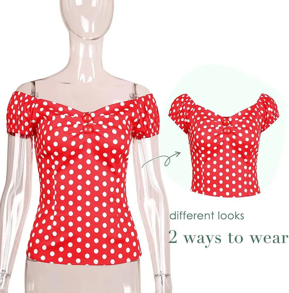 YARN & INK Women's Rockabilly Tops 1950s Pinup Shirt Casual Off Shoulder Vintage Blouse