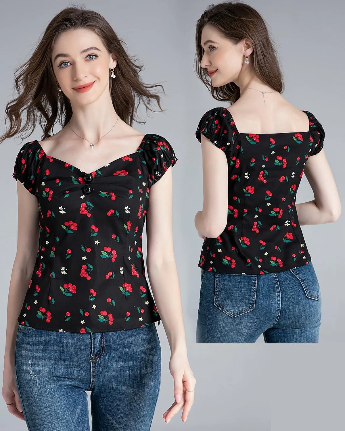YARN & INK Women's Rockabilly Tops 1950s Pinup Shirt Casual Off Shoulder Vintage Blouse