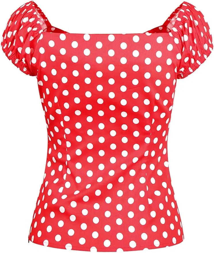 YARN & INK Women's Rockabilly Tops 1950s Pinup Shirt Casual Off Shoulder Vintage Blouse