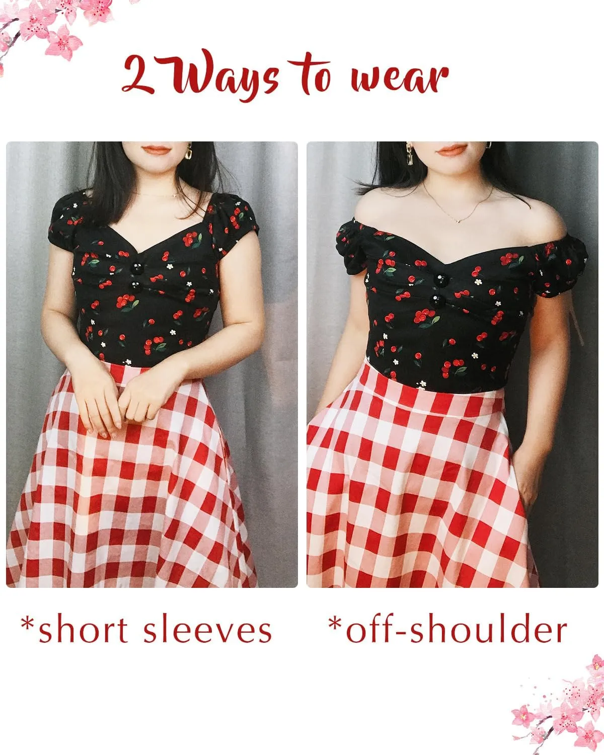 YARN & INK Women's Rockabilly Tops 1950s Pinup Shirt Casual Off Shoulder Vintage Blouse