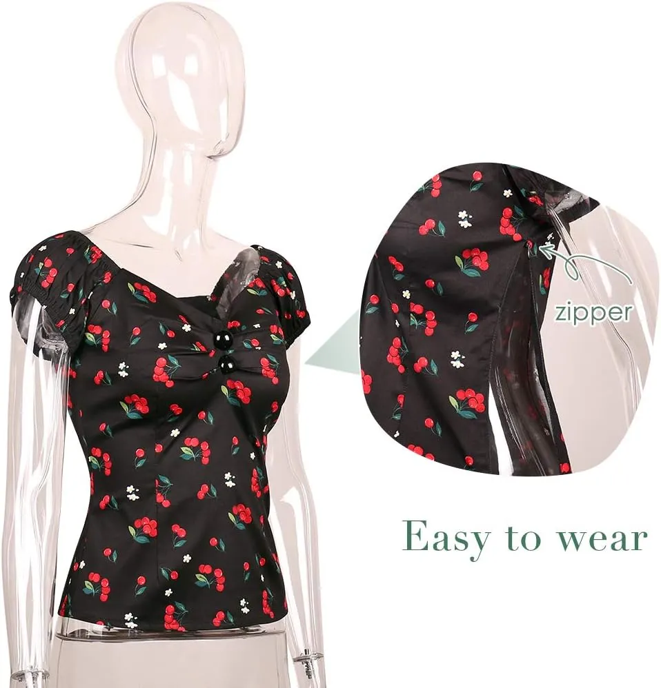 YARN & INK Women's Rockabilly Tops 1950s Pinup Shirt Casual Off Shoulder Vintage Blouse