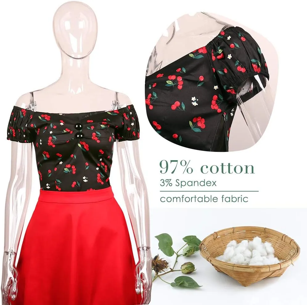YARN & INK Women's Rockabilly Tops 1950s Pinup Shirt Casual Off Shoulder Vintage Blouse