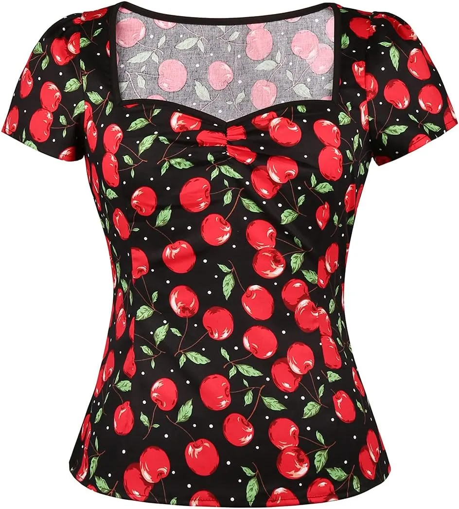 YARN & INK Women's Rockabilly Tops, 1950s Pinup Vintage Blouse Square Neck Slim Fit Shirt Classic Elegant for Women Girls