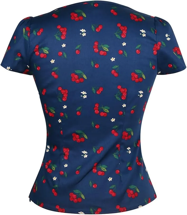 YARN & INK Women's Rockabilly Tops, 1950s Pinup Vintage Blouse Square Neck Slim Fit Shirt Classic Elegant for Women Girls