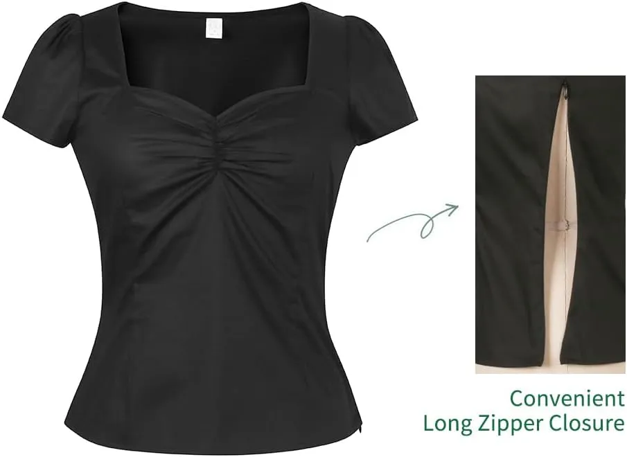 YARN & INK Women's Rockabilly Tops, 1950s Pinup Vintage Blouse Square Neck Slim Fit Shirt Classic Elegant for Women Girls